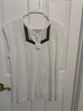 LOFT White Split-Neck Cap Sleeve Top with Black Embroidery